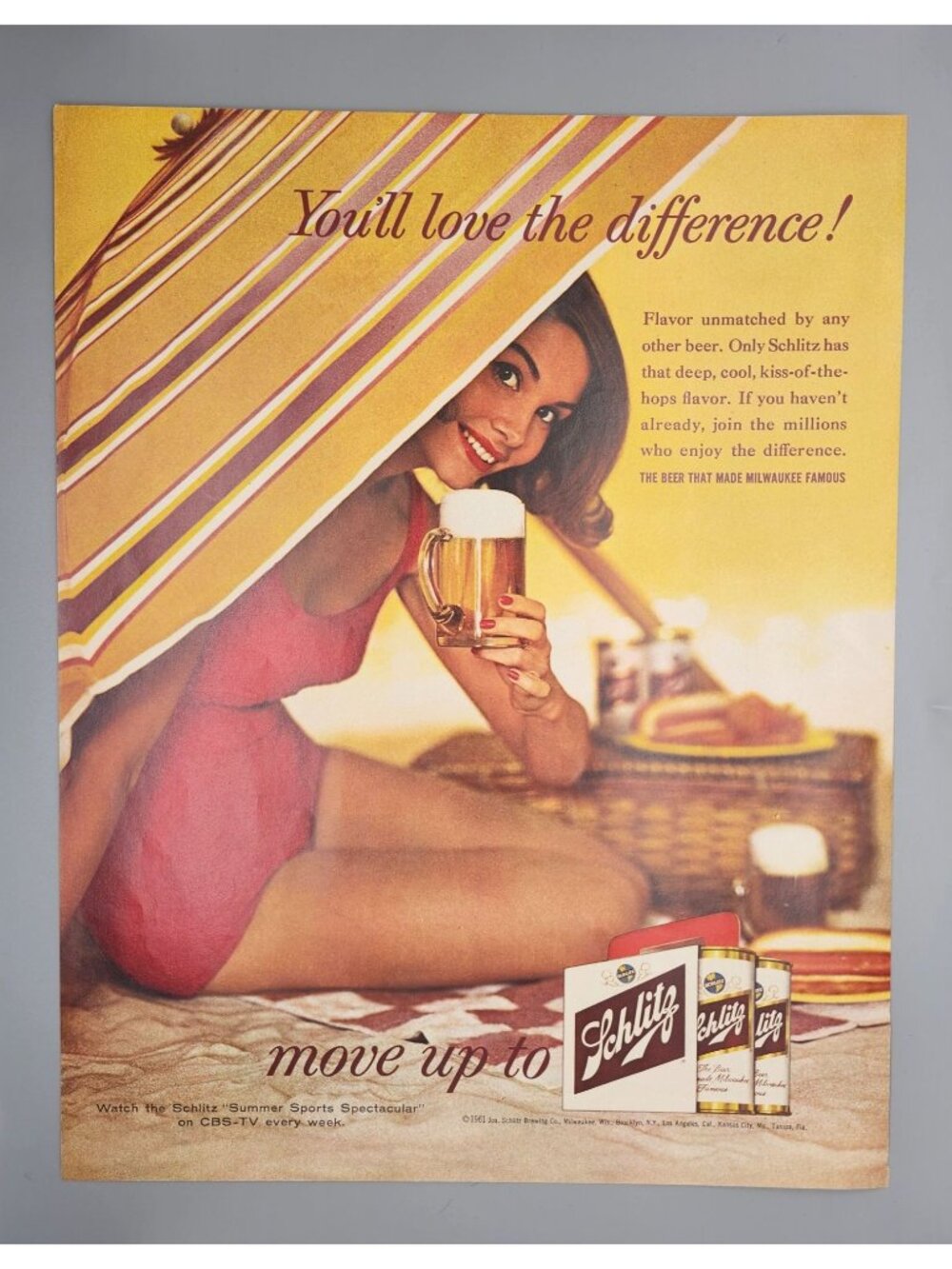 Vintage 1961 Schlitz Beer Advertising Print Woman In Swimsuit Summer Picnic Scen